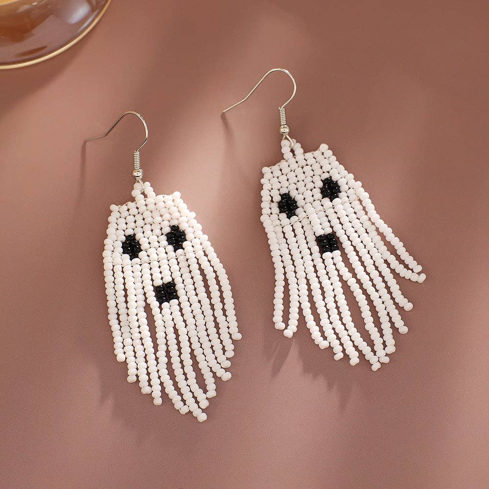 Ghost Seed Bead Tassel Earrings