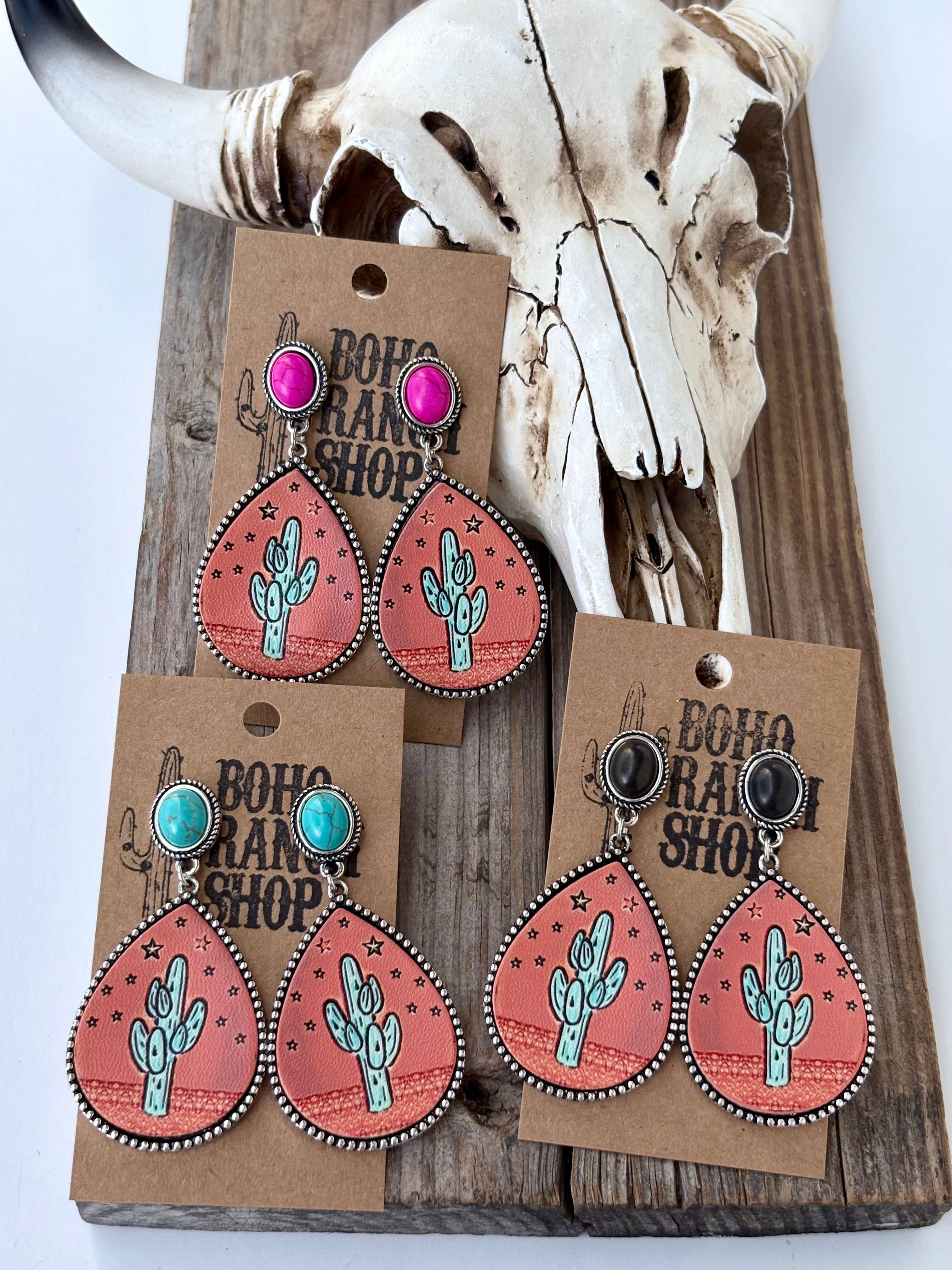 Western Style Oval Stone & Leather Cactus Post Drop Earrings