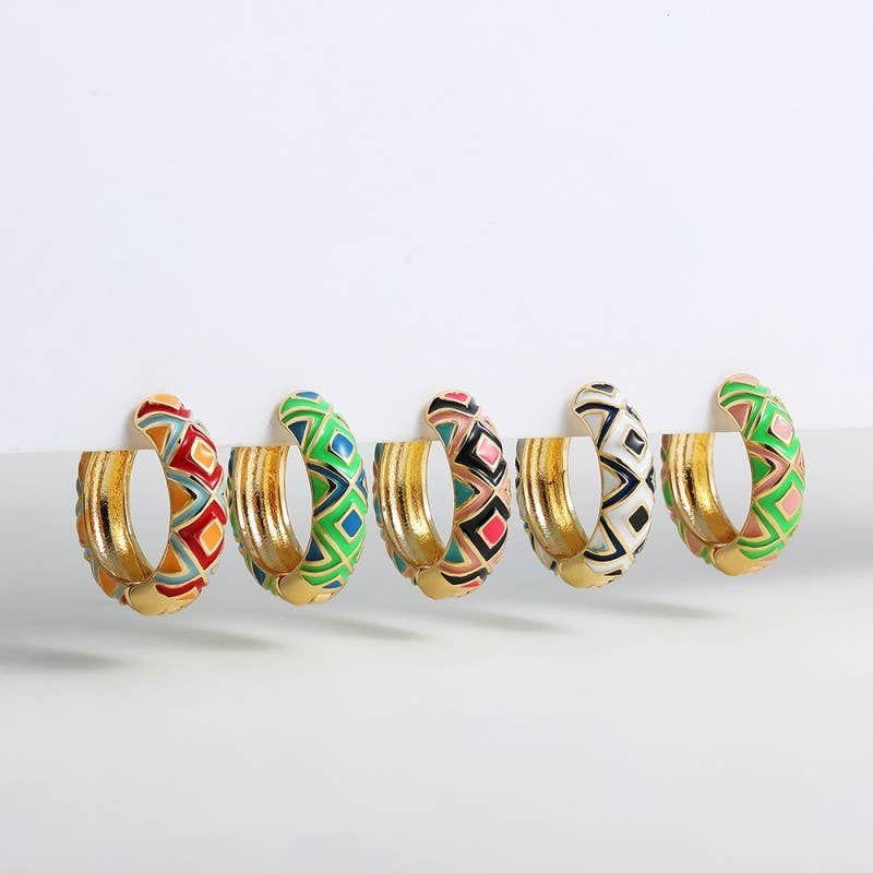 VINTAGE CLOISONNE AZTEC HUGGIE HOOP EARRINGS | 40E429