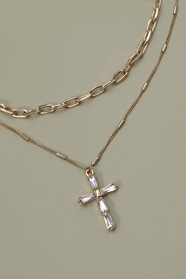 LAYERED GOLD CHAIN WITH RHINESTONE-STYLE CROSS