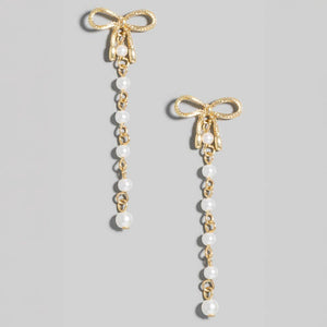 Ribbon Bow Stud And Pearl Chain Dangle Earrings