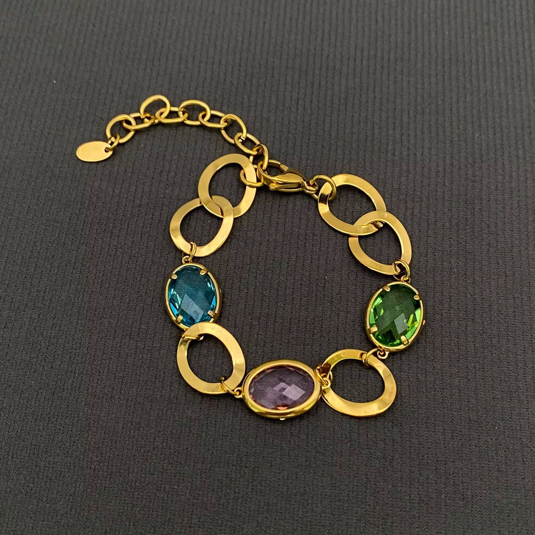 3 Color Oval Crystal 18K Golden SS Ring Linked Bracelet