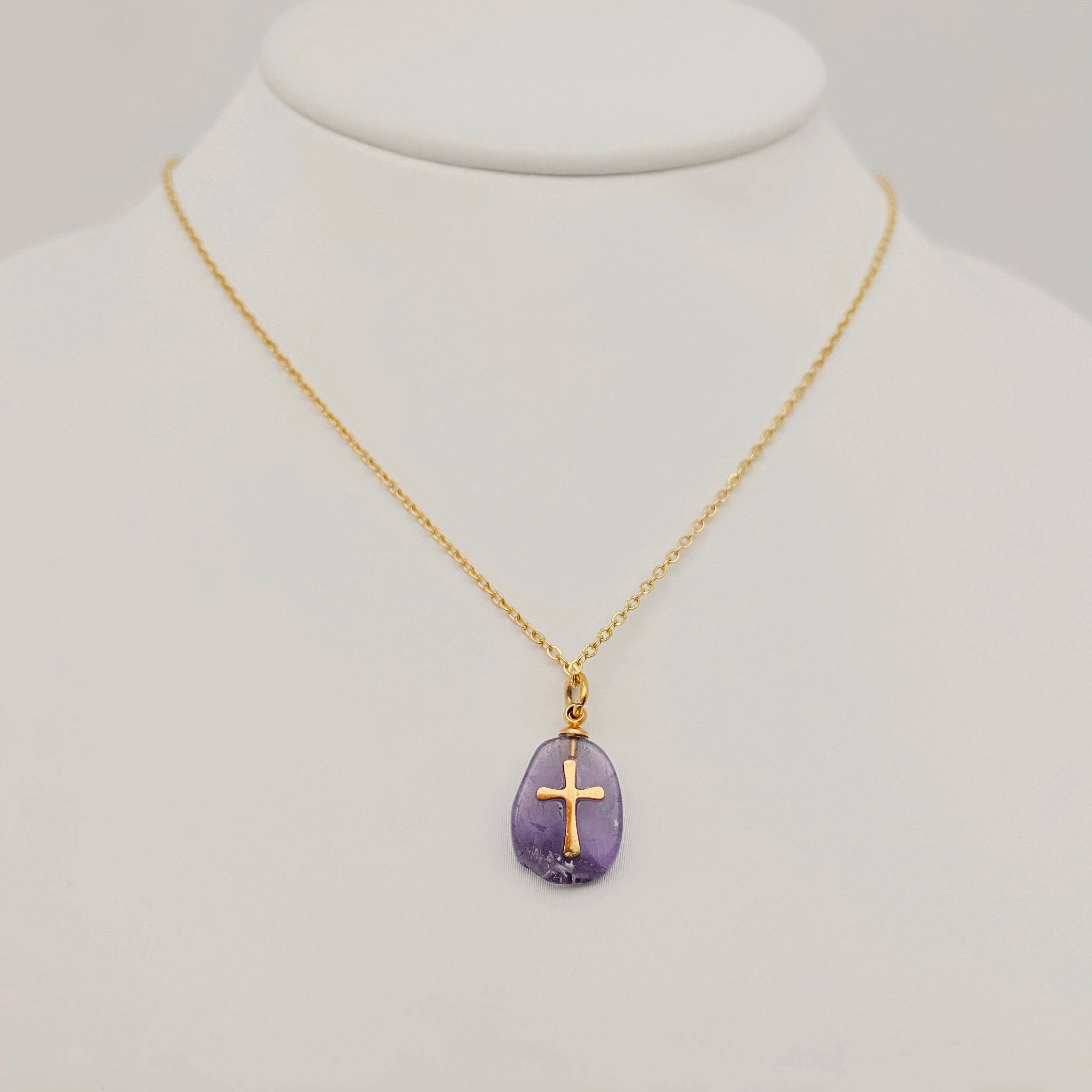Natural Stone Stainless Steel Cross Pendant Necklace