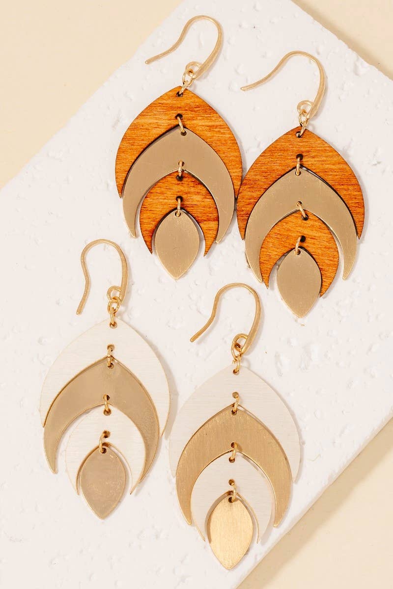 Wood And Metallic Leaf Dangle Hook Earrings