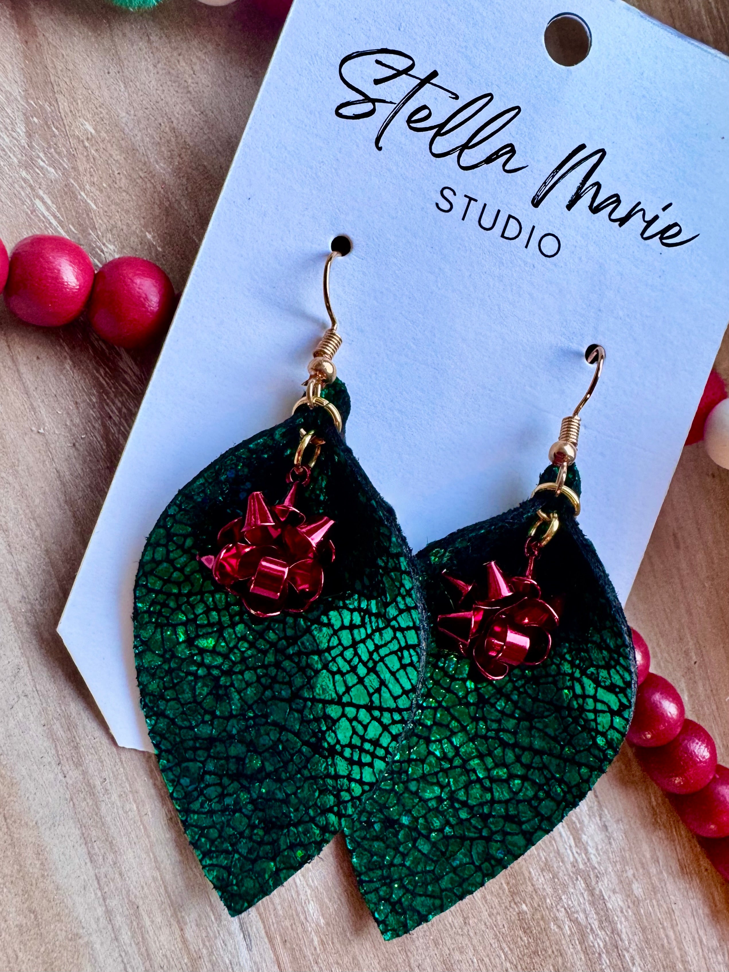 Metallic Emerald Leather Earrings with Bow