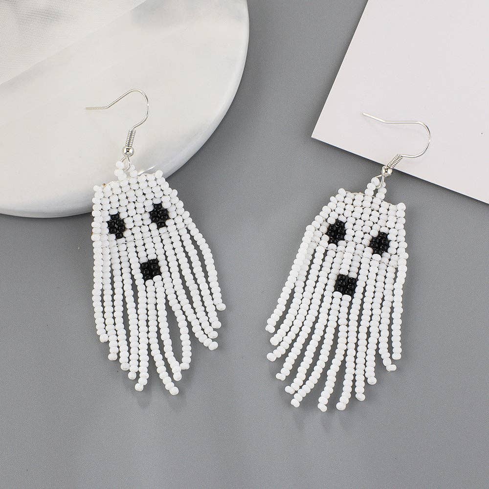 Ghost Seed Bead Tassel Earrings