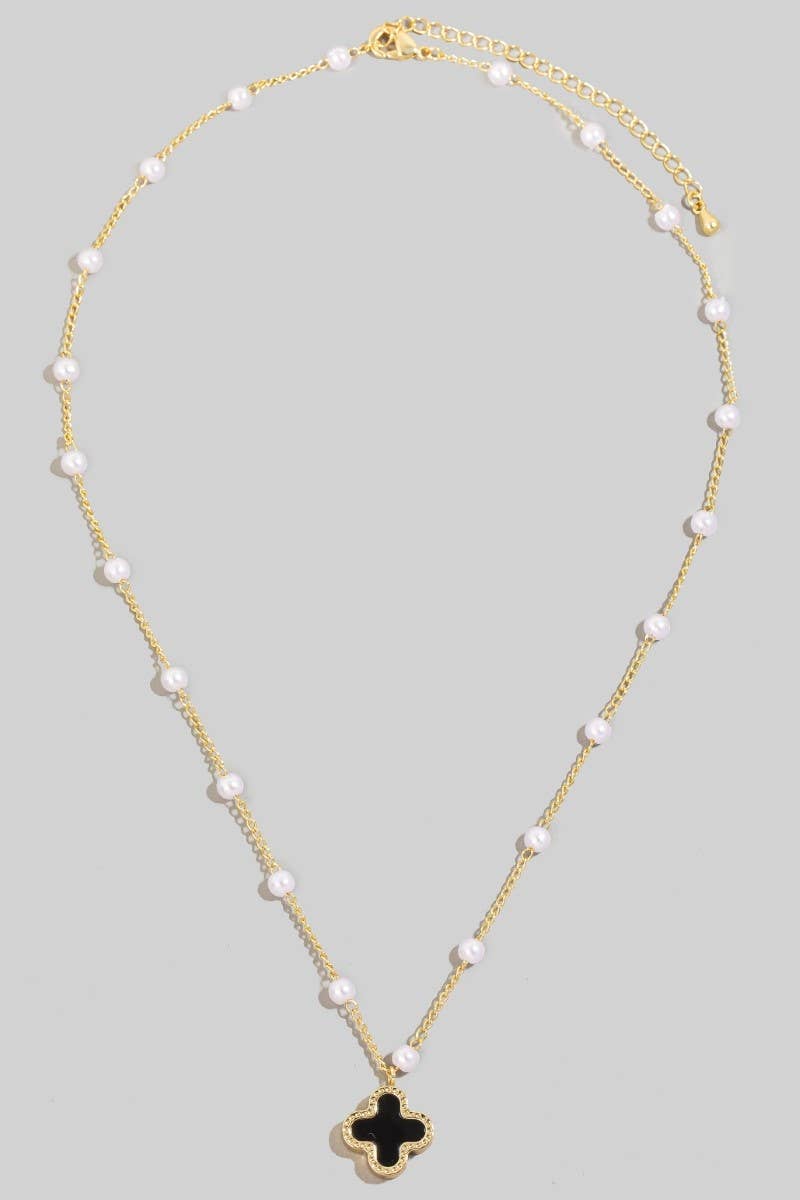 Gold Dipped Pearl Station Beaded Clover Pendant Necklace