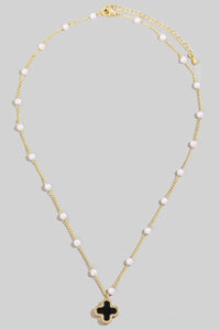 Gold Dipped Pearl Station Beaded Clover Pendant Necklace