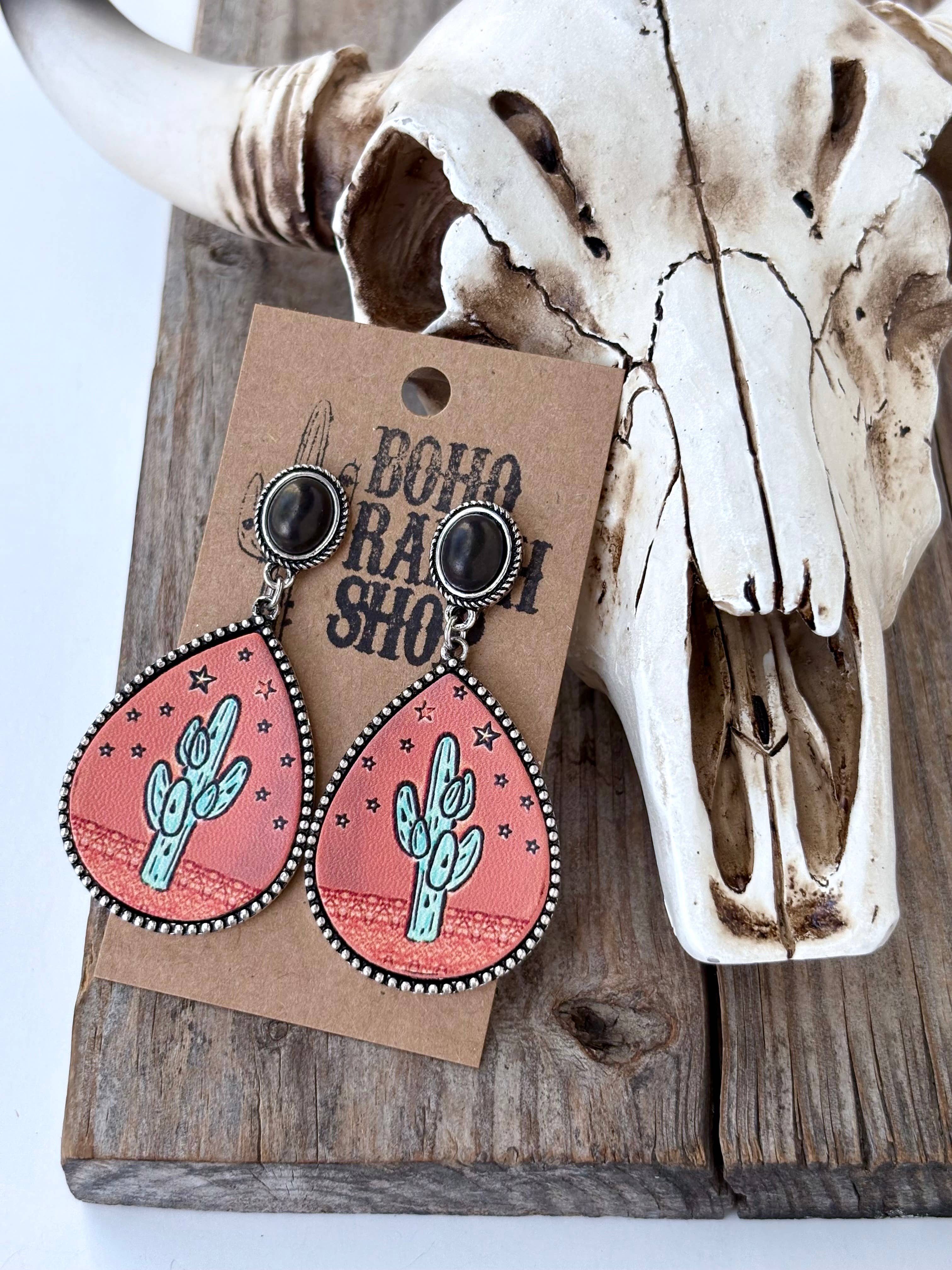 Western Style Oval Stone & Leather Cactus Post Drop Earrings