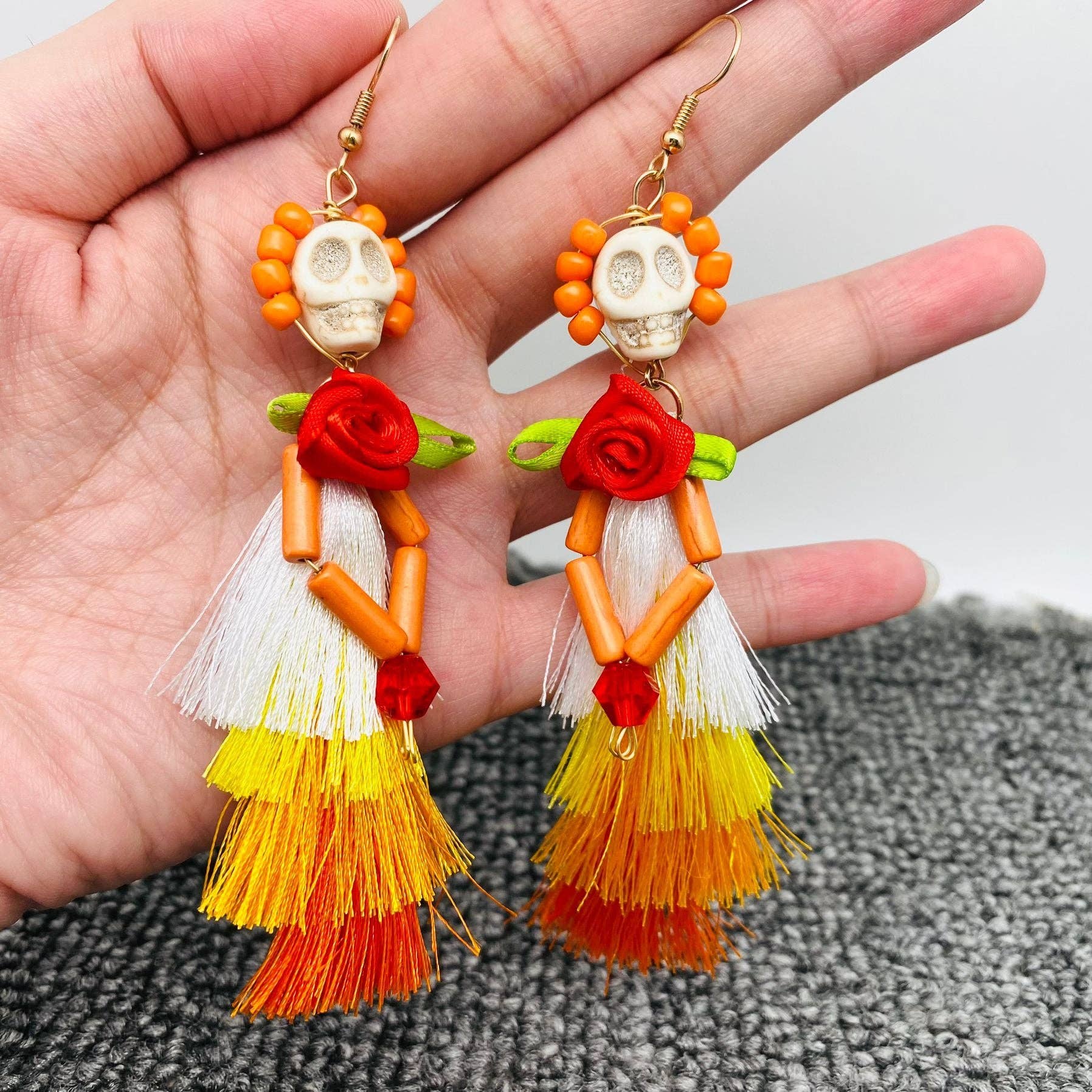 Halloween Skull Lady with Corsage Tassel Earrings