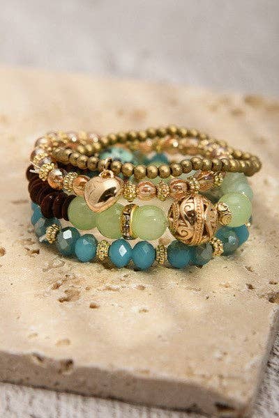 BOHO WOOD FACET BEAD HEART BRACELET SET