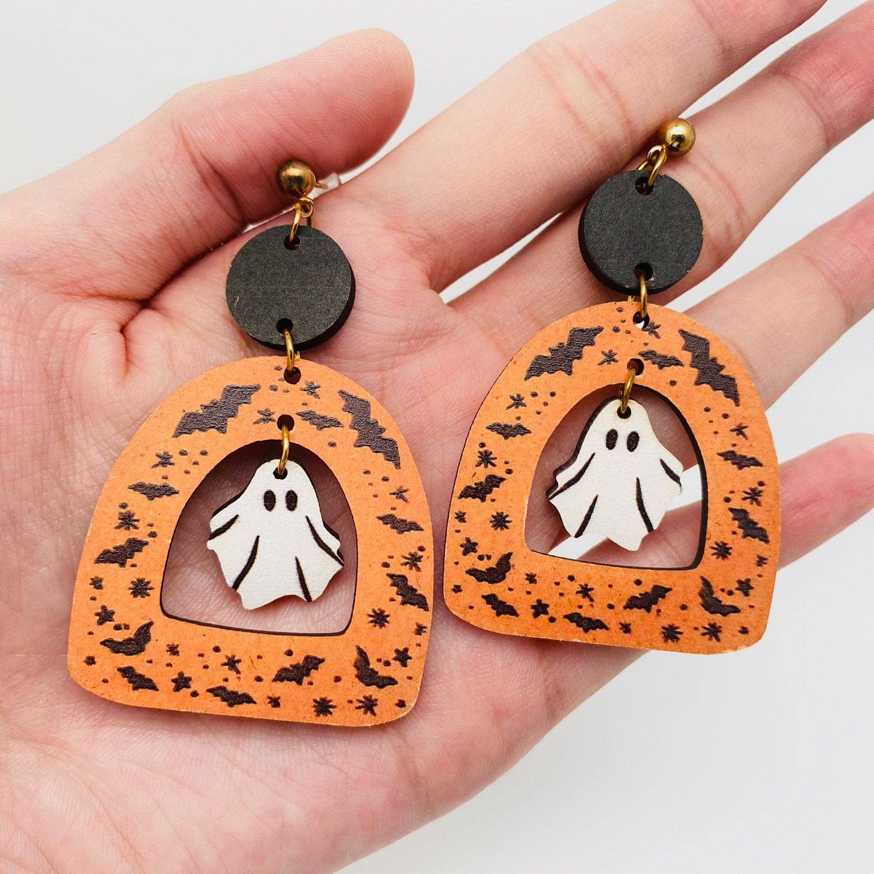 Halloween Double Sided Ghost Wooden Post Earrings