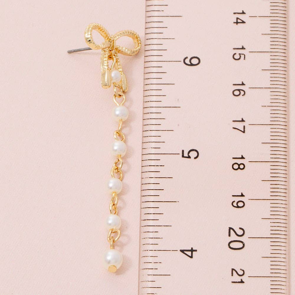 Ribbon Bow Stud And Pearl Chain Dangle Earrings