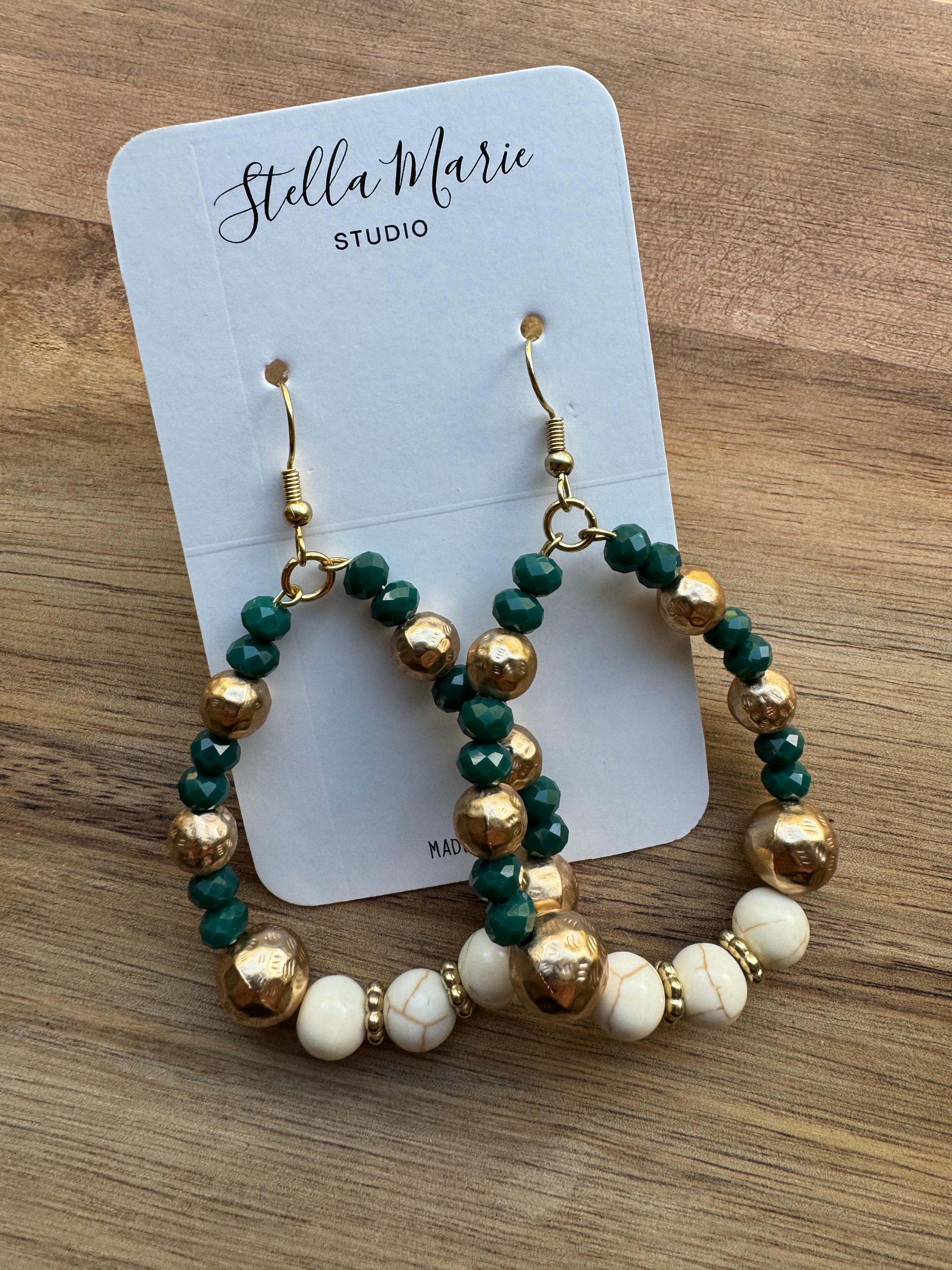 Emerald & Gold Beaded Hoop Earrings