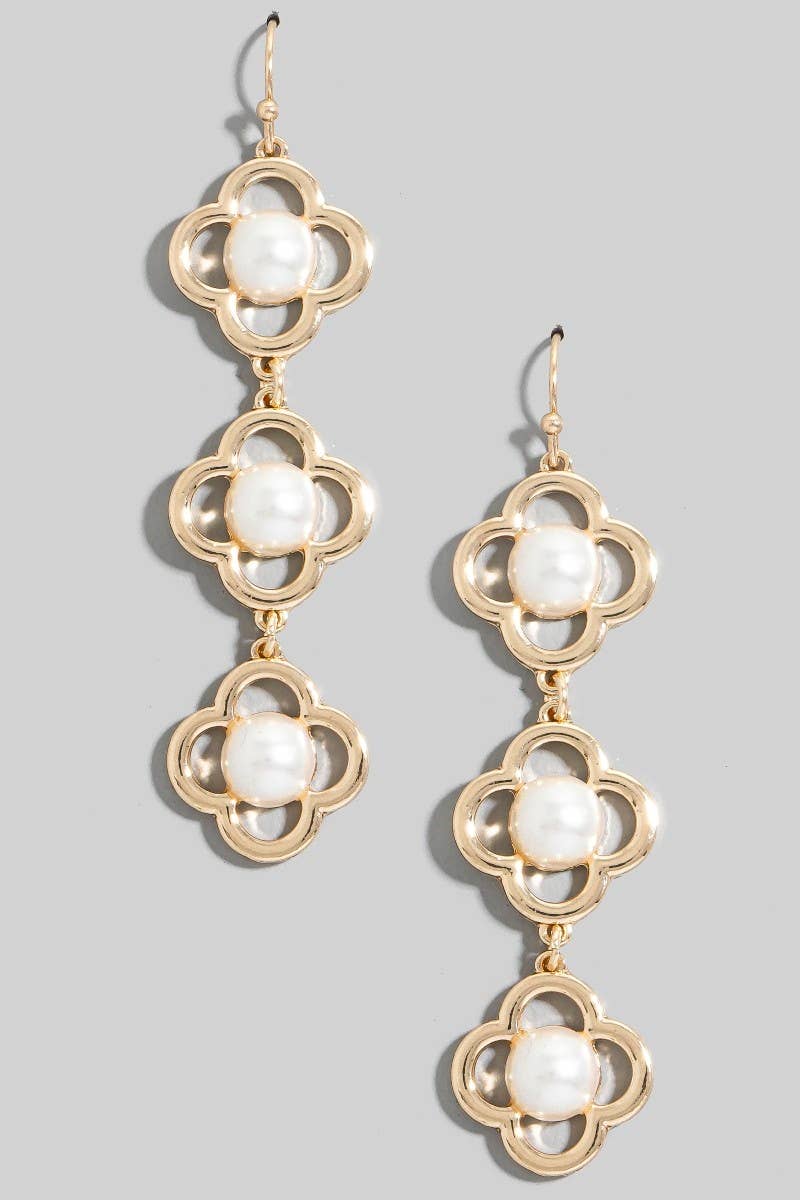 Pearl Stud Triple Clover Dangle Chain Earrings