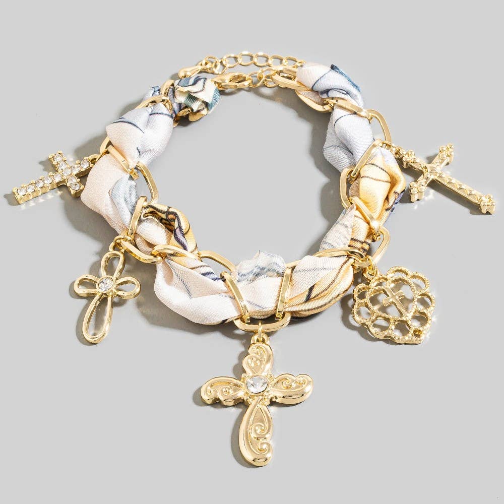 Heart And Cross Charms Bandana Chain Braided Bracelet