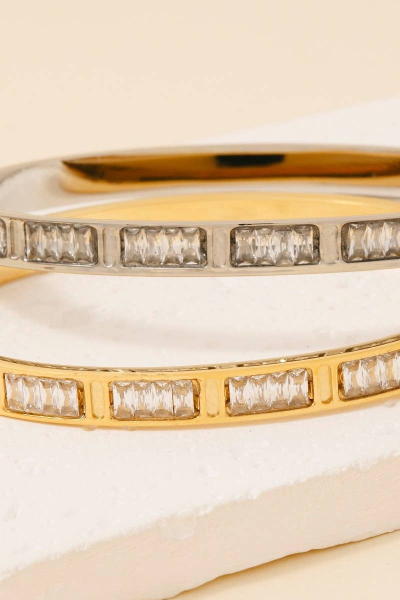 Stainless Steel Intricate Baguette Row Hinge Bangle Bracelet