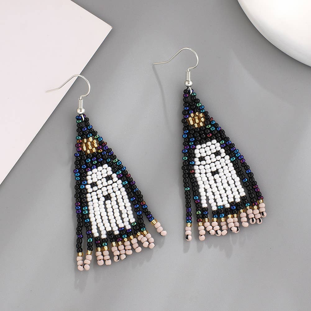Ghost Seed Bead Tassel Earrings