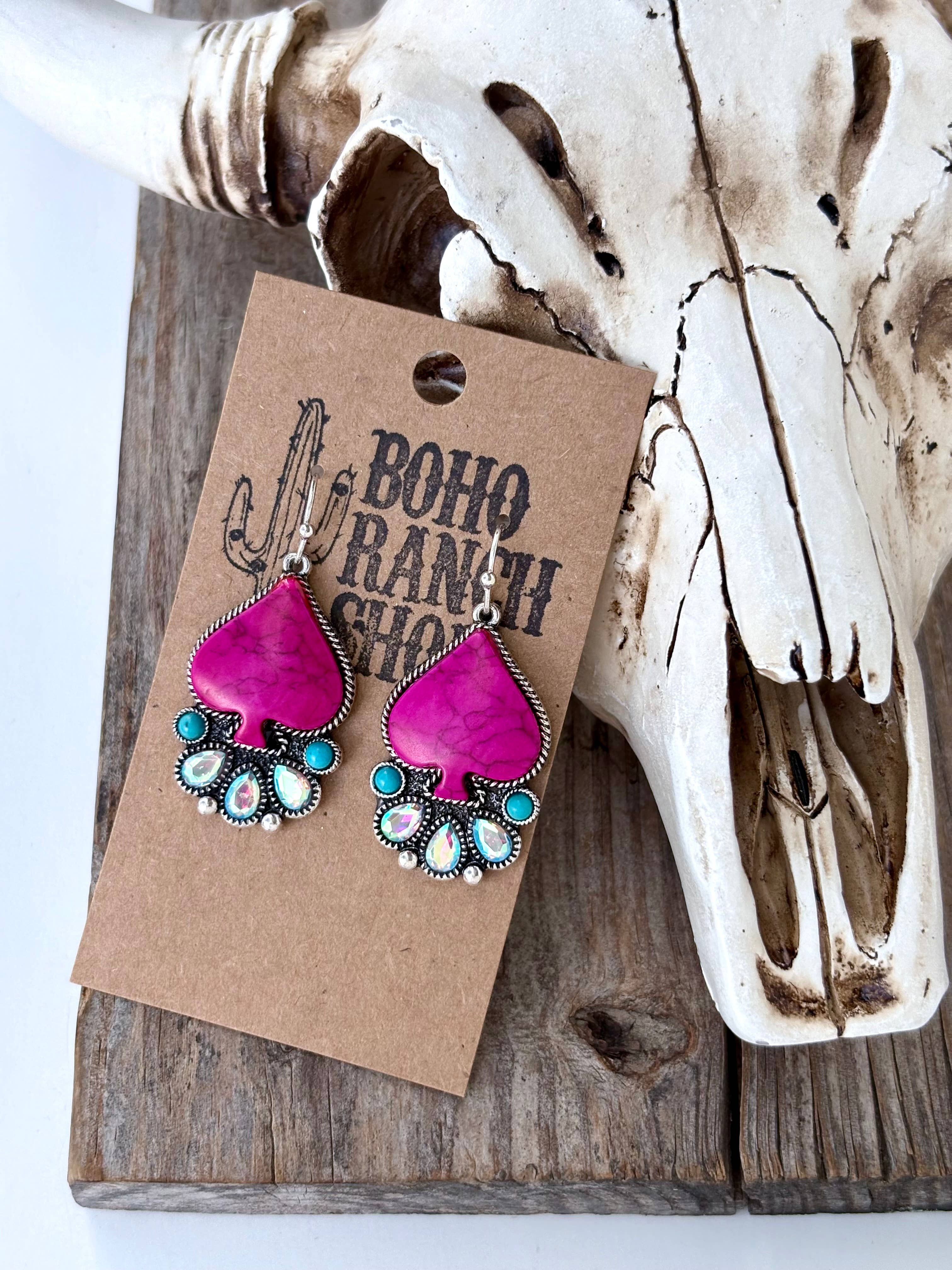 Western Style Spade Stone & Rhinestone Drop Dangle Earrings