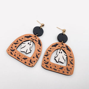 Halloween Double Sided Ghost Wooden Post Earrings