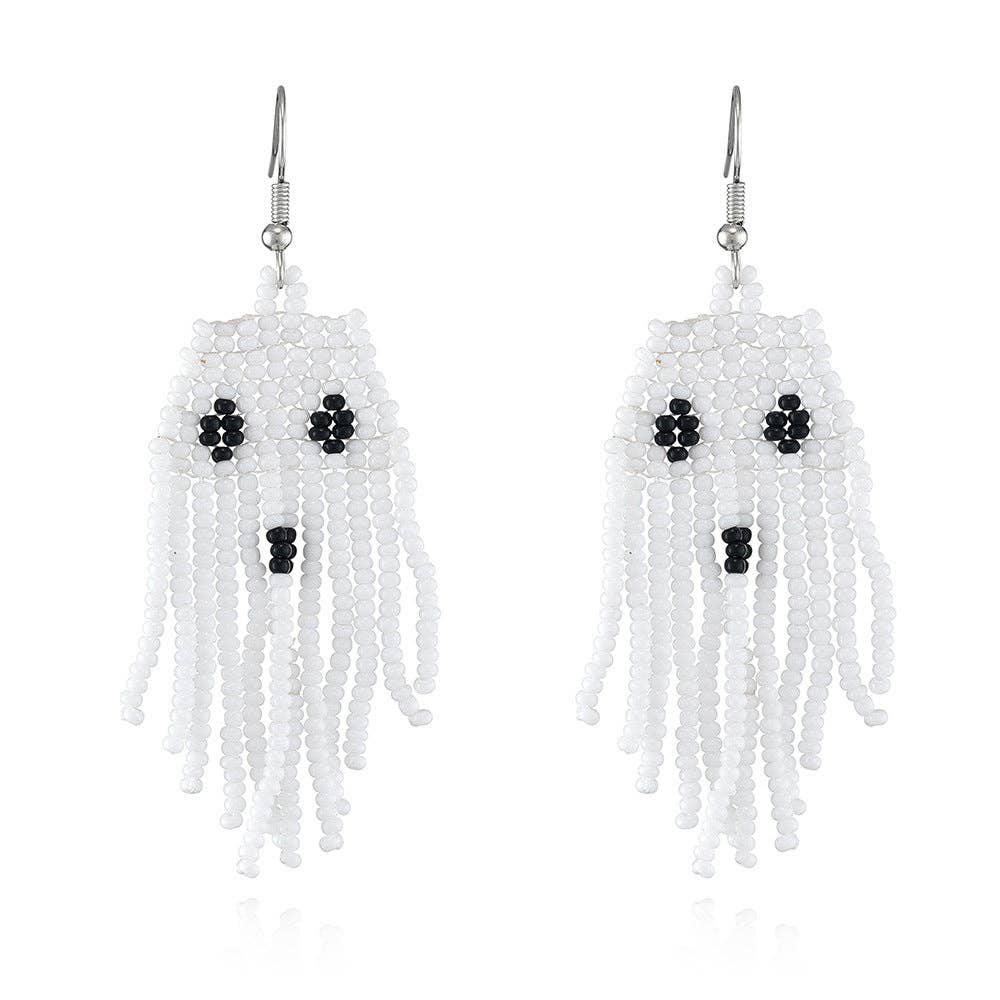 Ghost Seed Bead Tassel Earrings