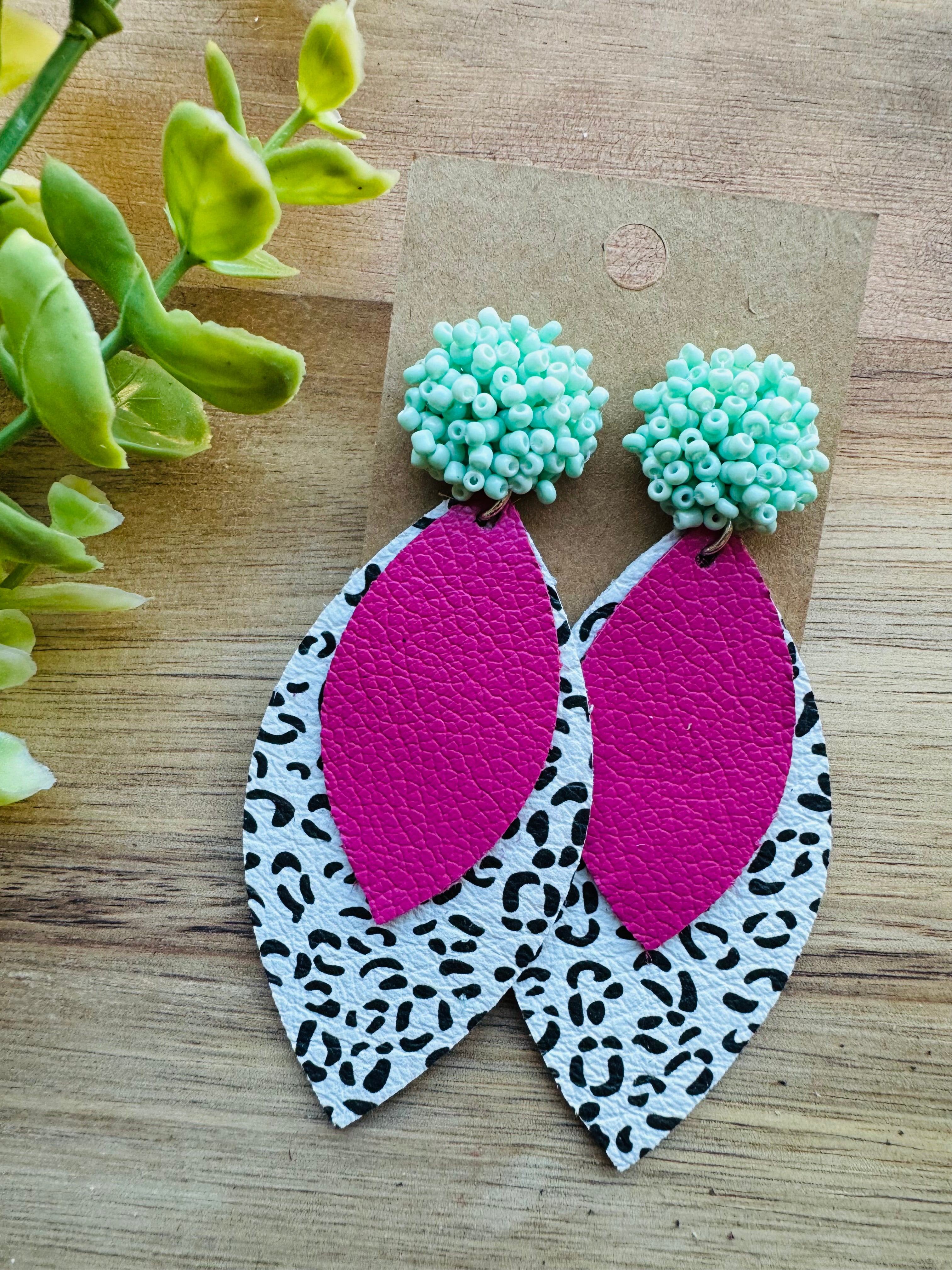 MULTIPLE COLORS: Beaded Post Leather Earrings