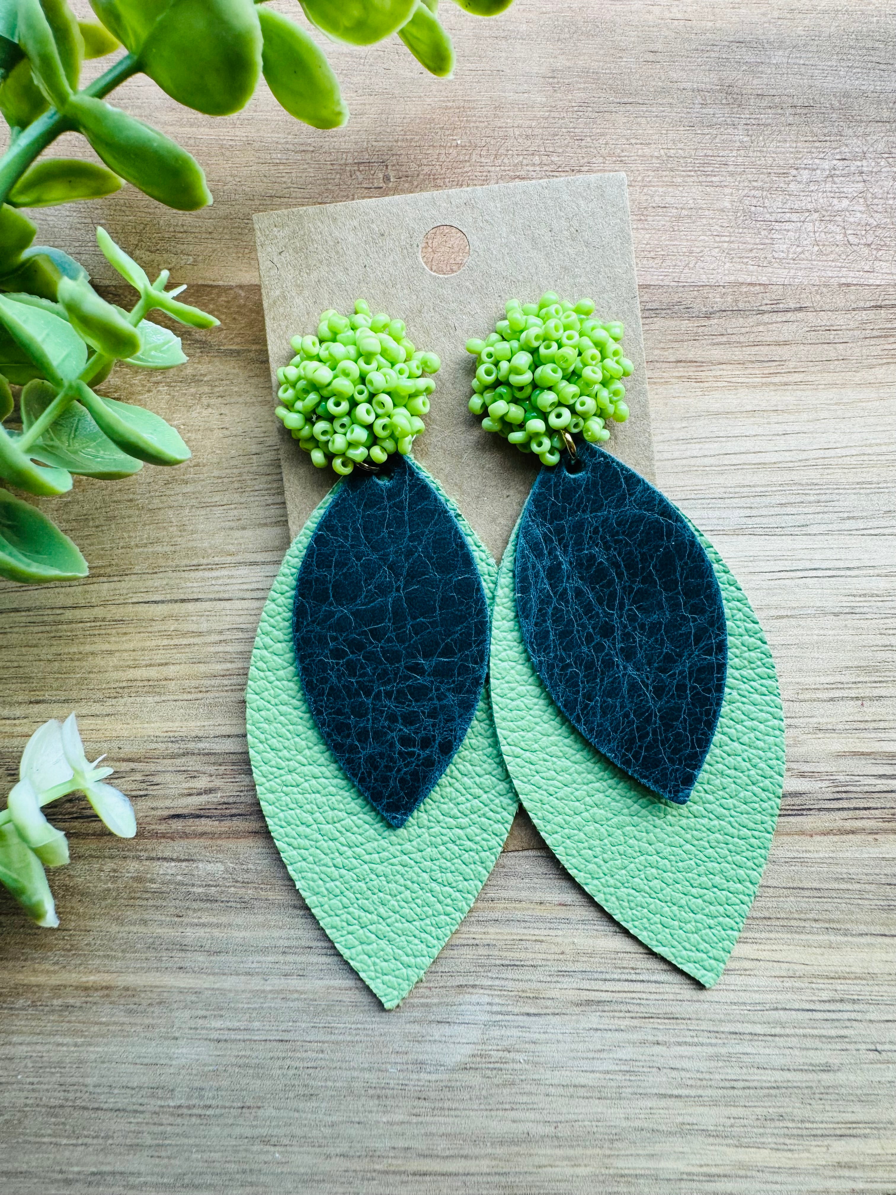 MULTIPLE COLORS: Beaded Post Leather Earrings