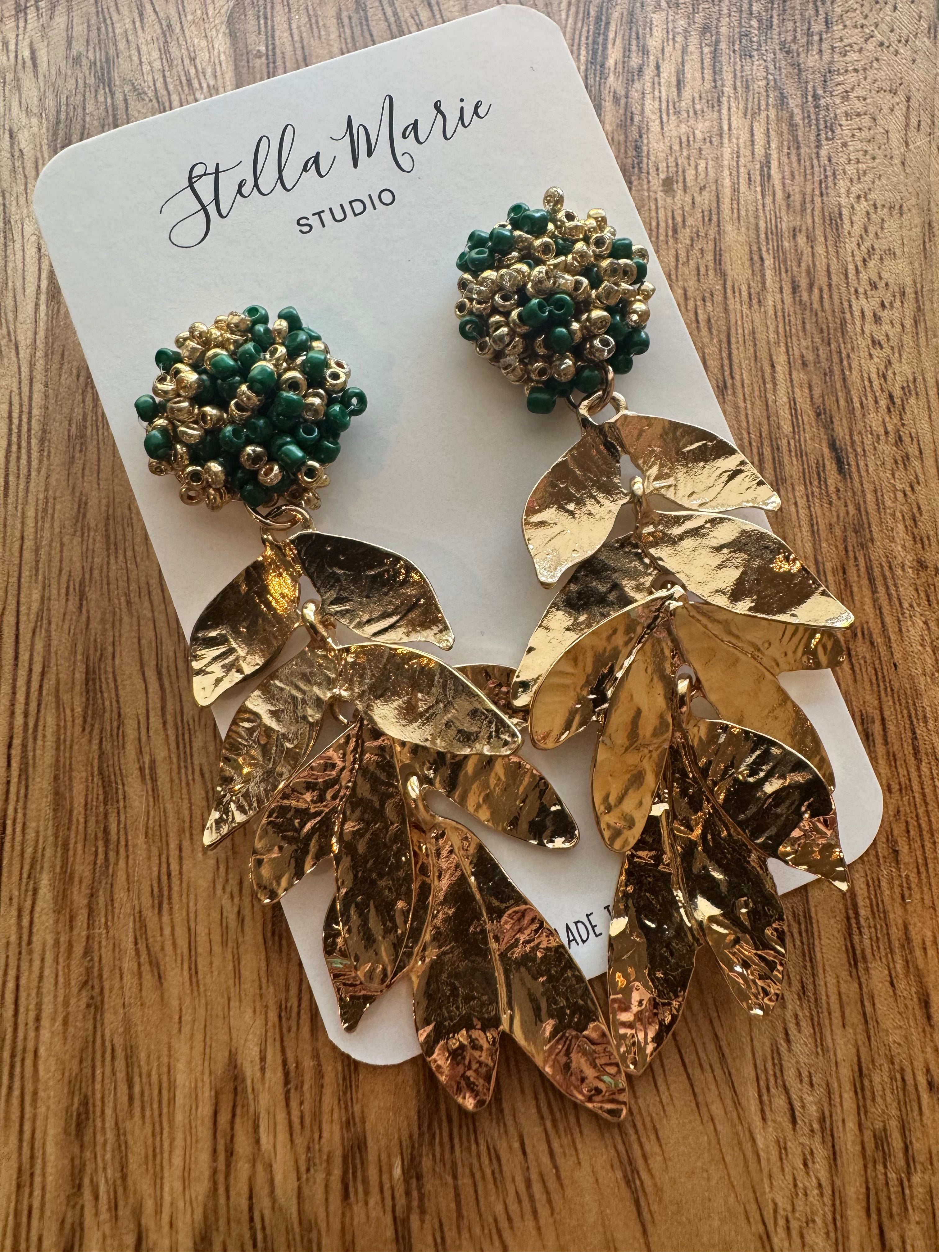 Green and Gold Leaves Dangle Earrings