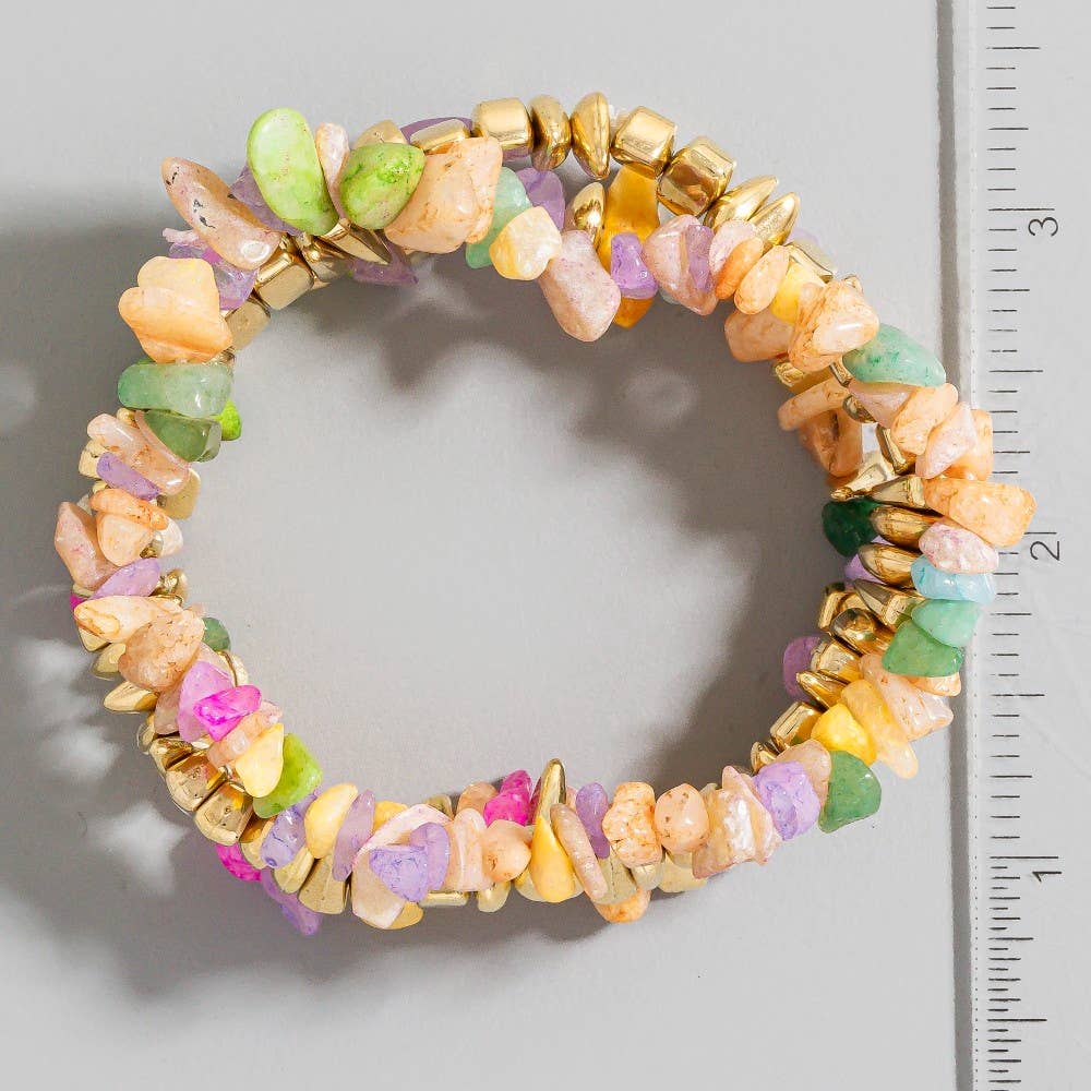 Resin Chip Stone And Metallic Beaded Bracelet 3 Set