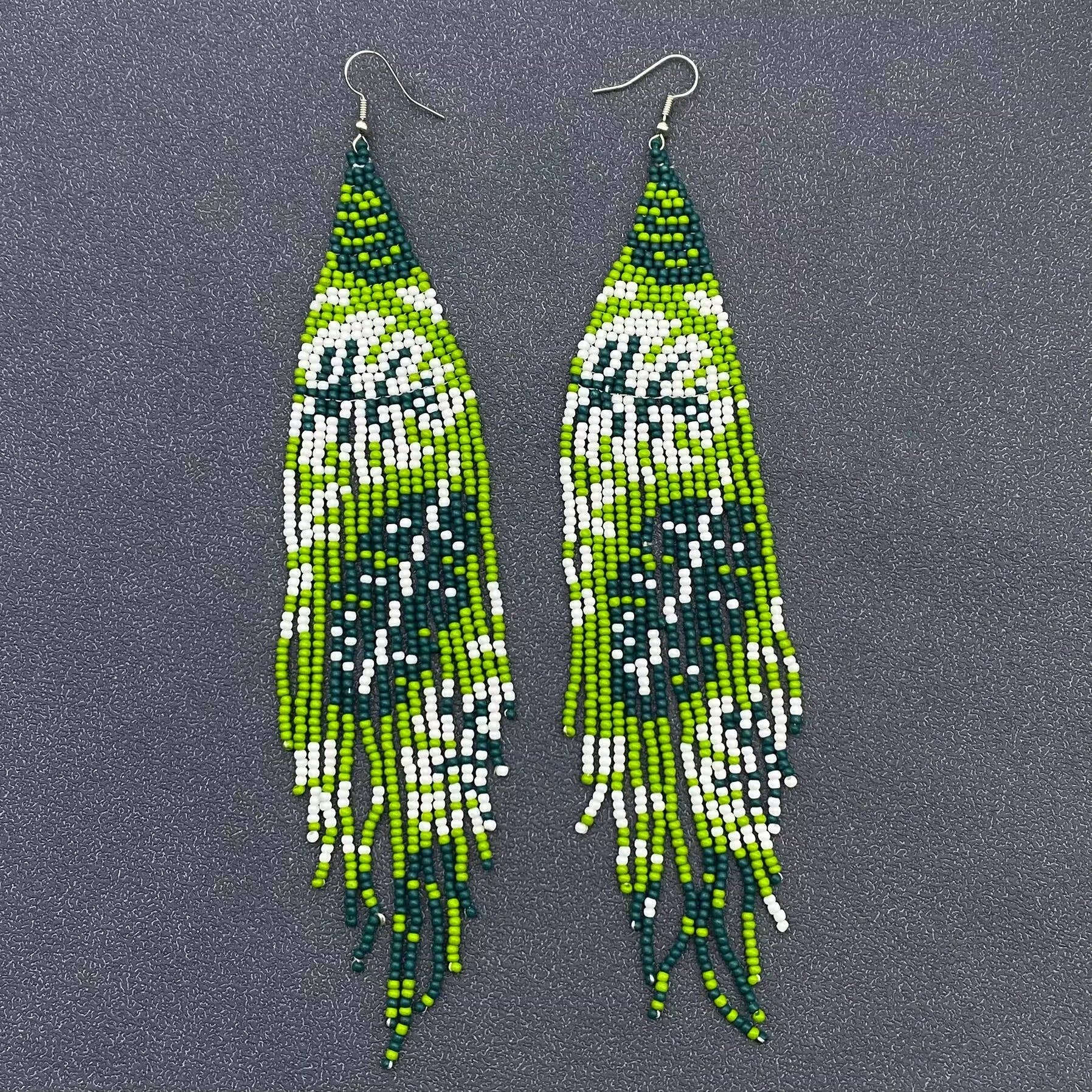 Green Tone Plant Seed Beads Long Fringe Earrings