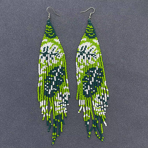 Green Tone Plant Seed Beads Long Fringe Earrings
