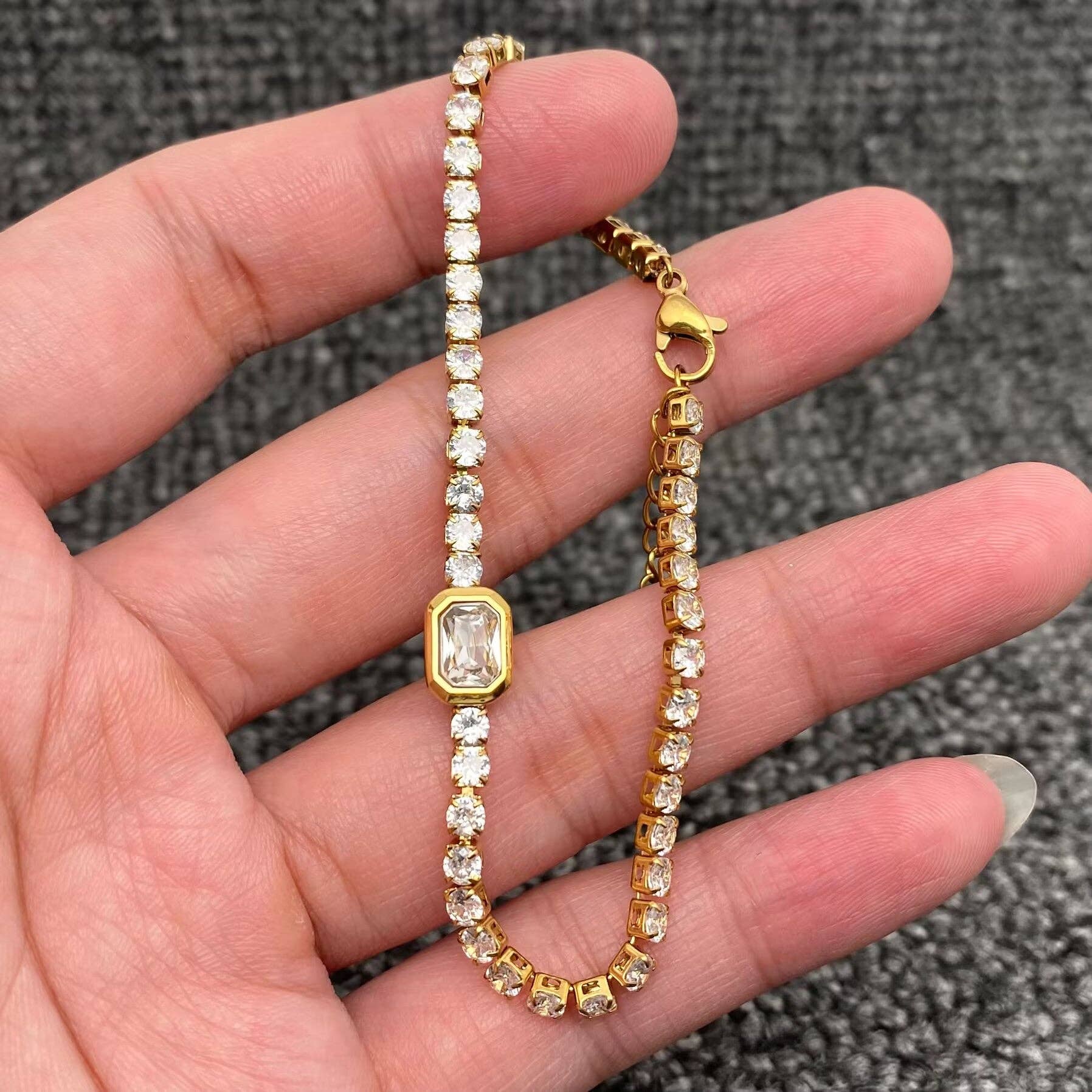 Full Zircon 3mm 18K Gold Plated Stainless Steel Bracelet