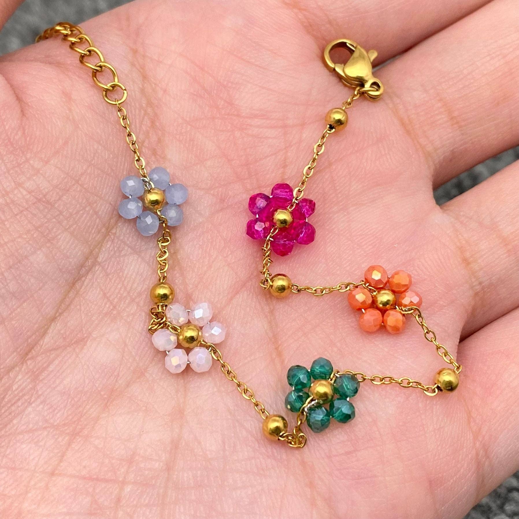 5 Color Glass Beaded Flowers 18K Gold Plated SS Bracelet