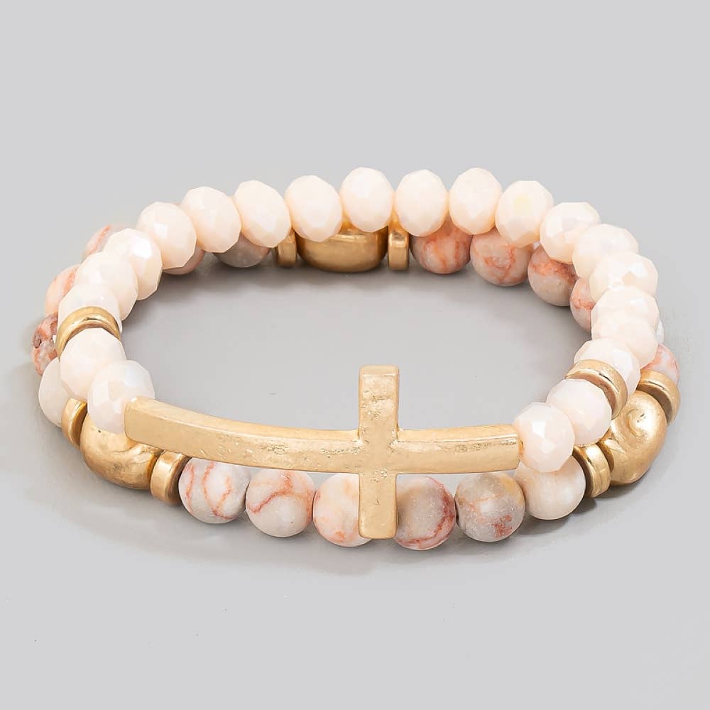 Cross Charm Stone Beaded Bracelet Set