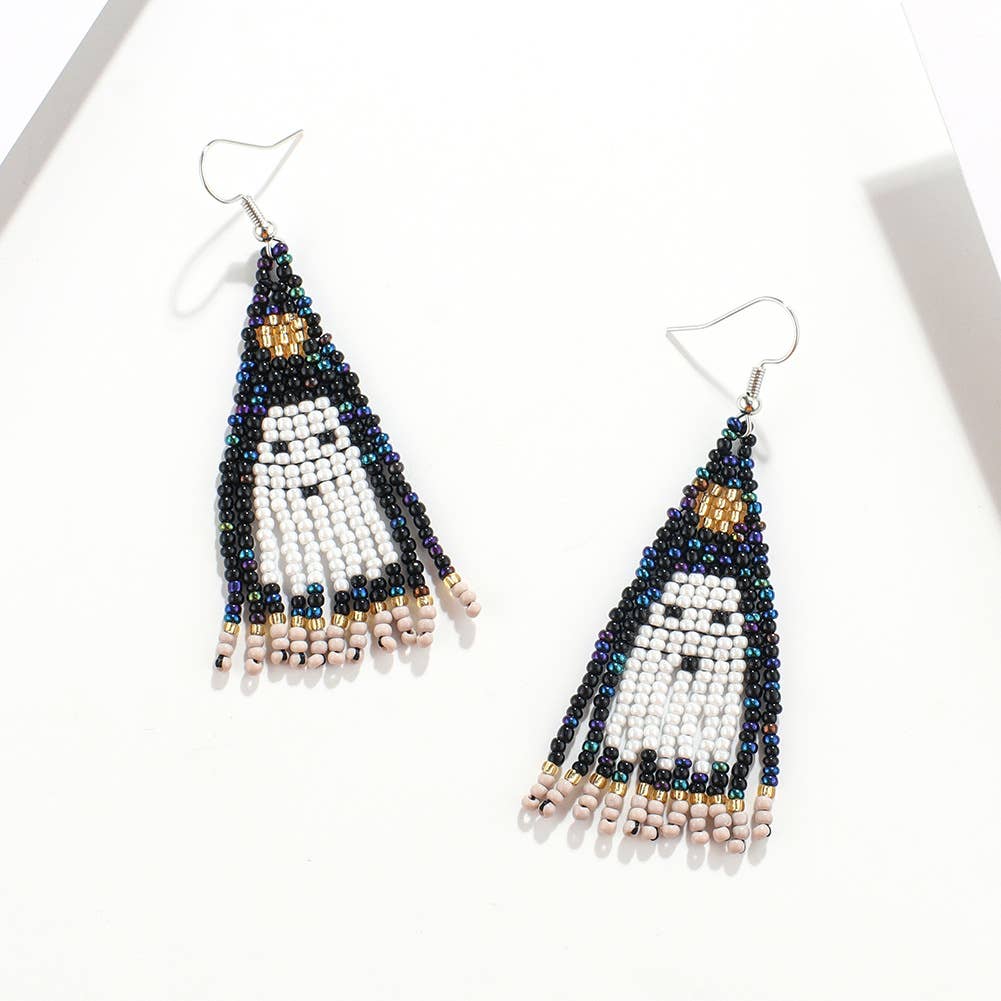 Ghost Seed Bead Tassel Earrings