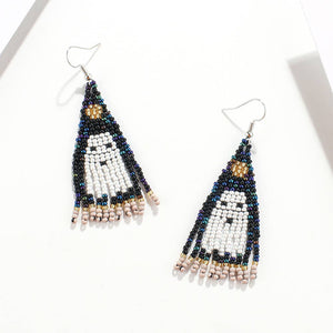 Ghost Seed Bead Tassel Earrings