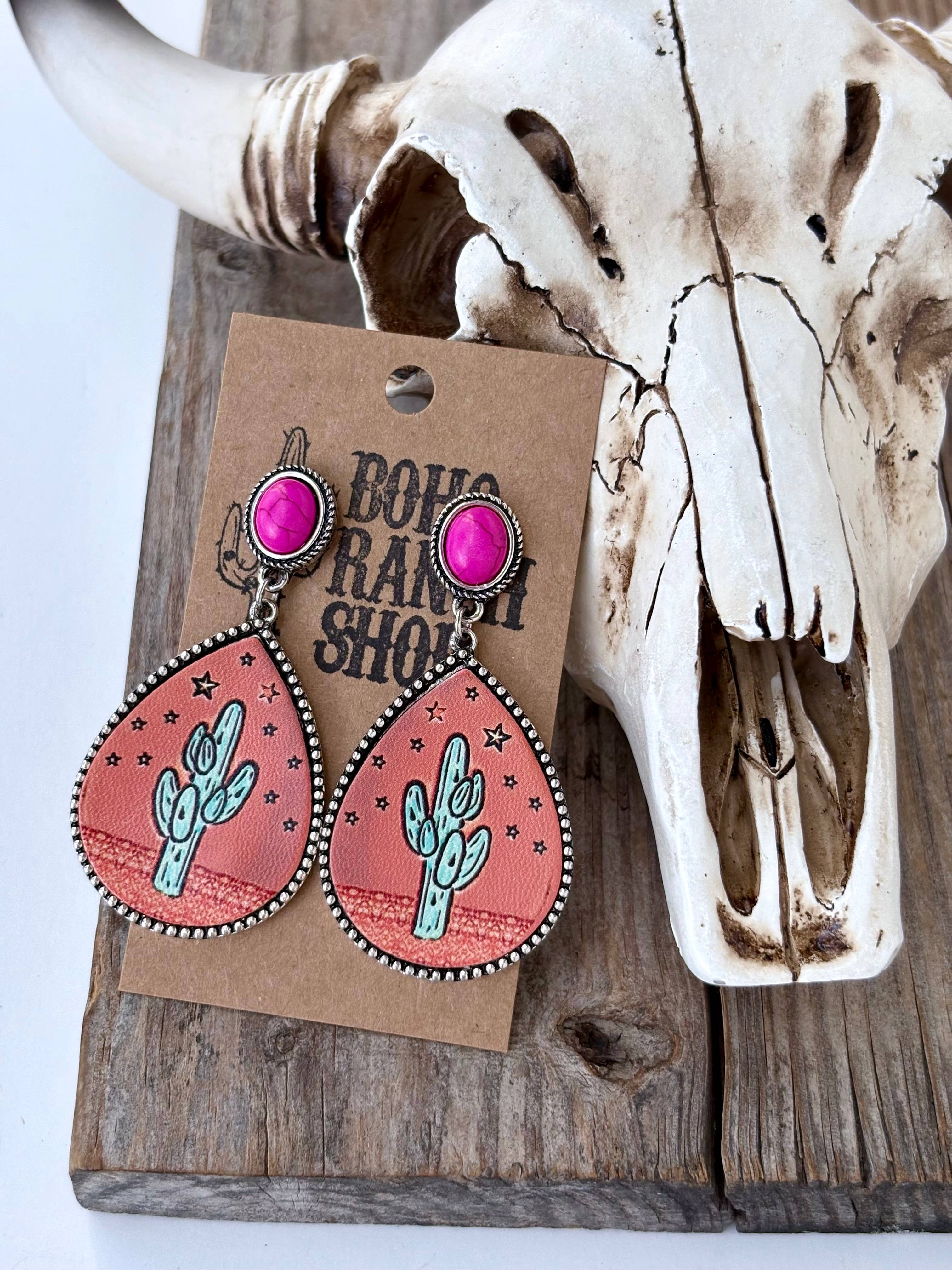 Western Style Oval Stone & Leather Cactus Post Drop Earrings