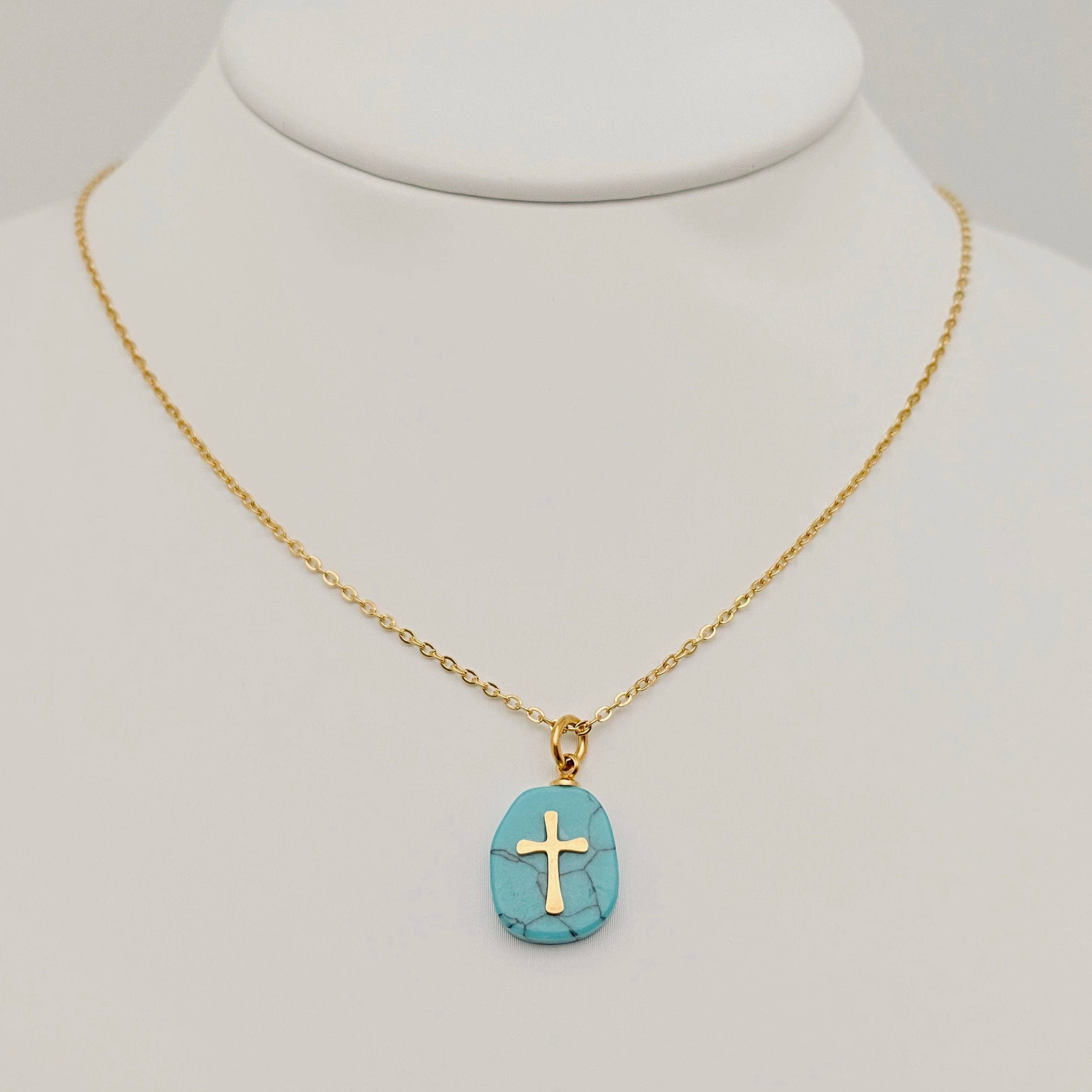 Natural Stone Stainless Steel Cross Pendant Necklace