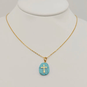Natural Stone Stainless Steel Cross Pendant Necklace