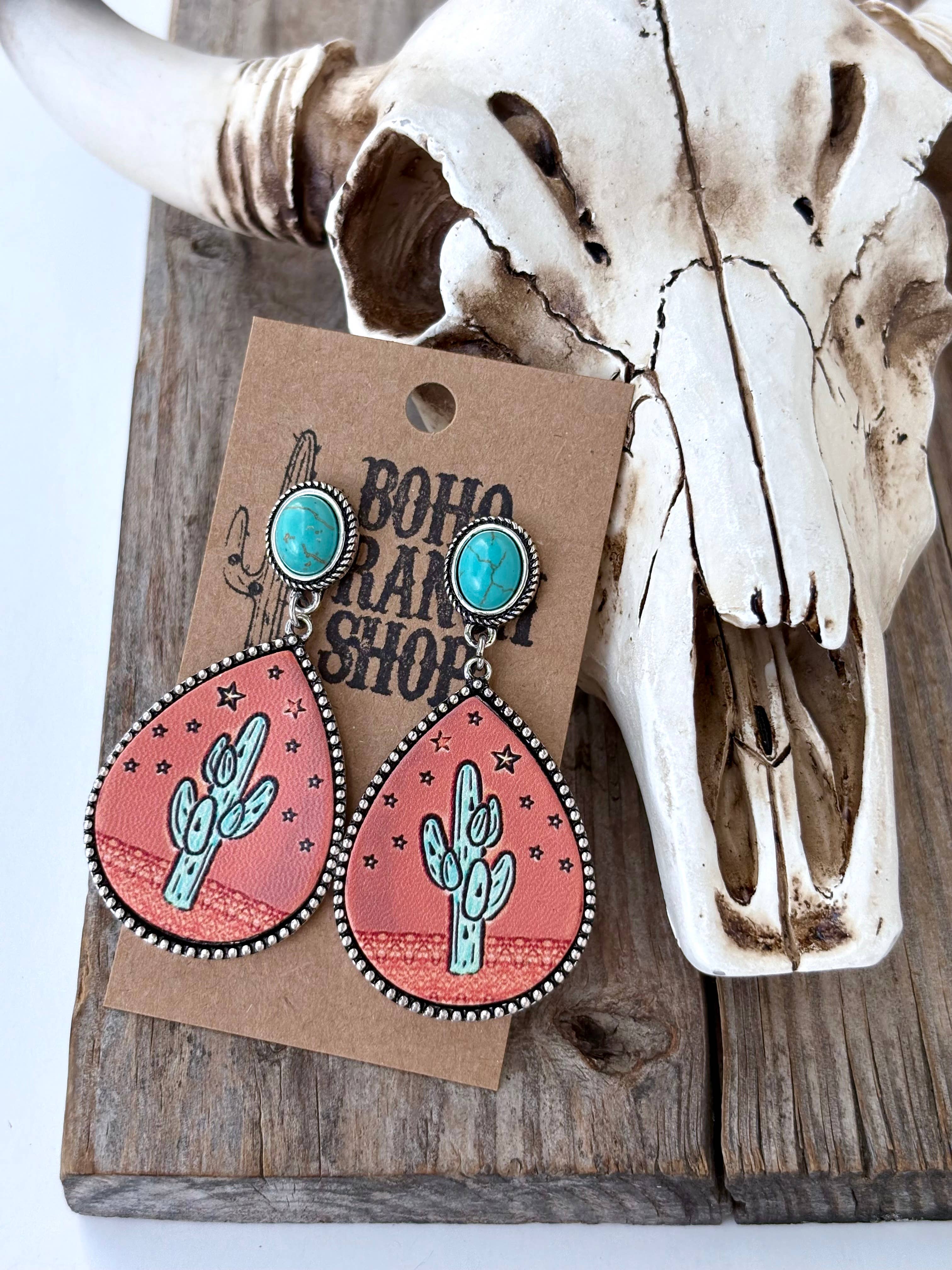 Western Style Oval Stone & Leather Cactus Post Drop Earrings