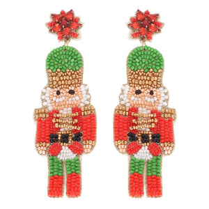 NUTCRACKER POST SEED BEAD CHRISTMAS BEADED DROP EARRINGS