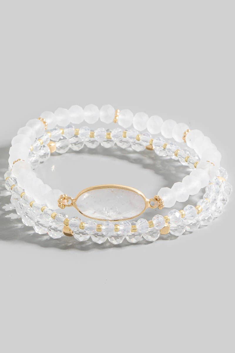 Faceted Oval Stone Charm Mixed Beaded Bracelet Set