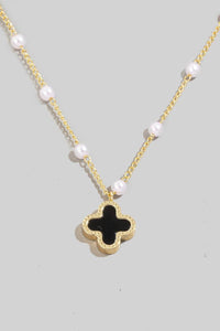 Gold Dipped Pearl Station Beaded Clover Pendant Necklace