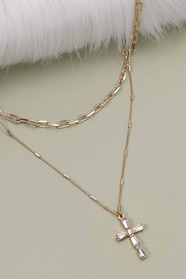 LAYERED GOLD CHAIN WITH RHINESTONE-STYLE CROSS