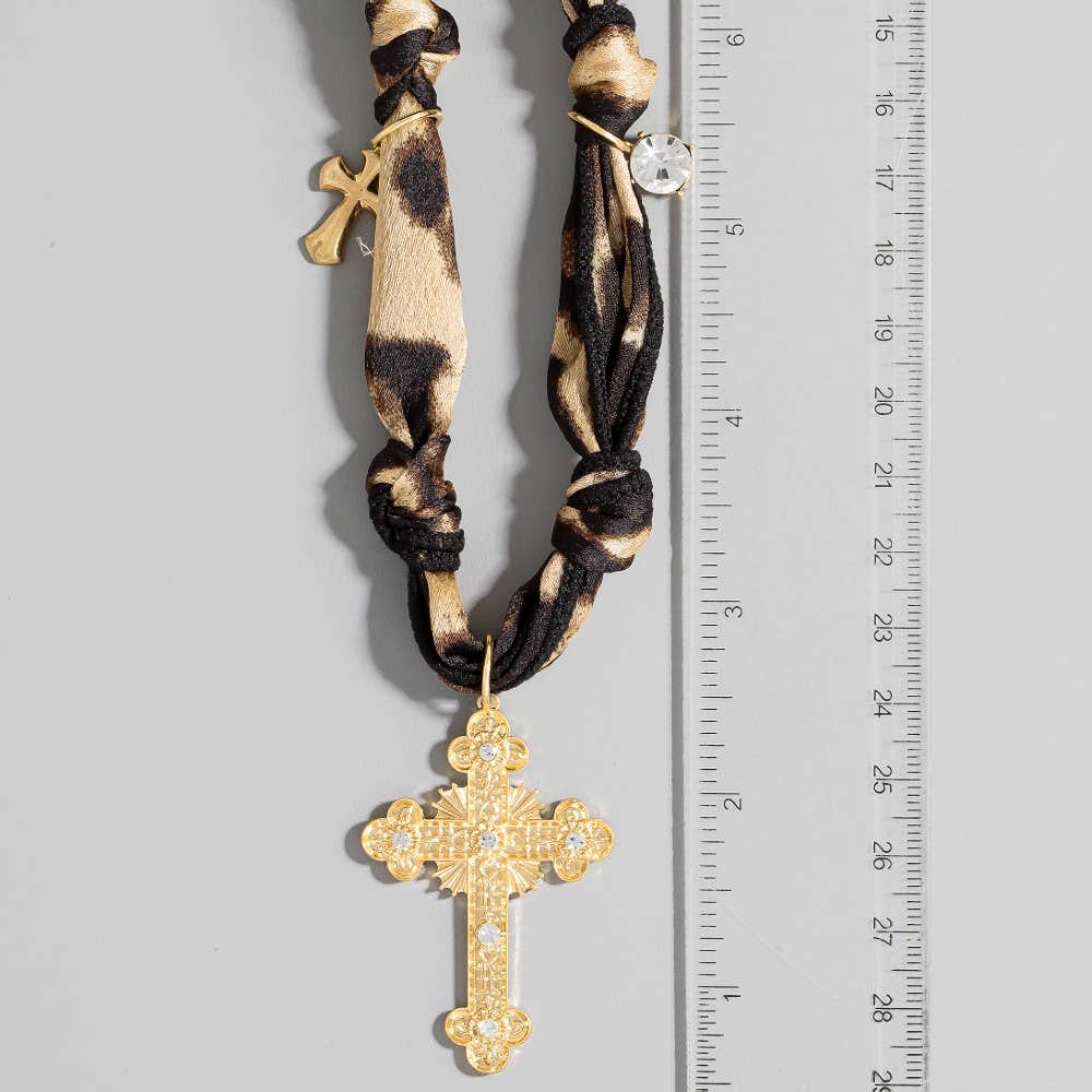 Cross Pendant And Charms Leopard Bandana Necklace