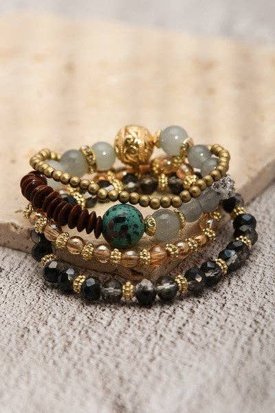 BOHO WOOD FACET BEAD HEART BRACELET SET
