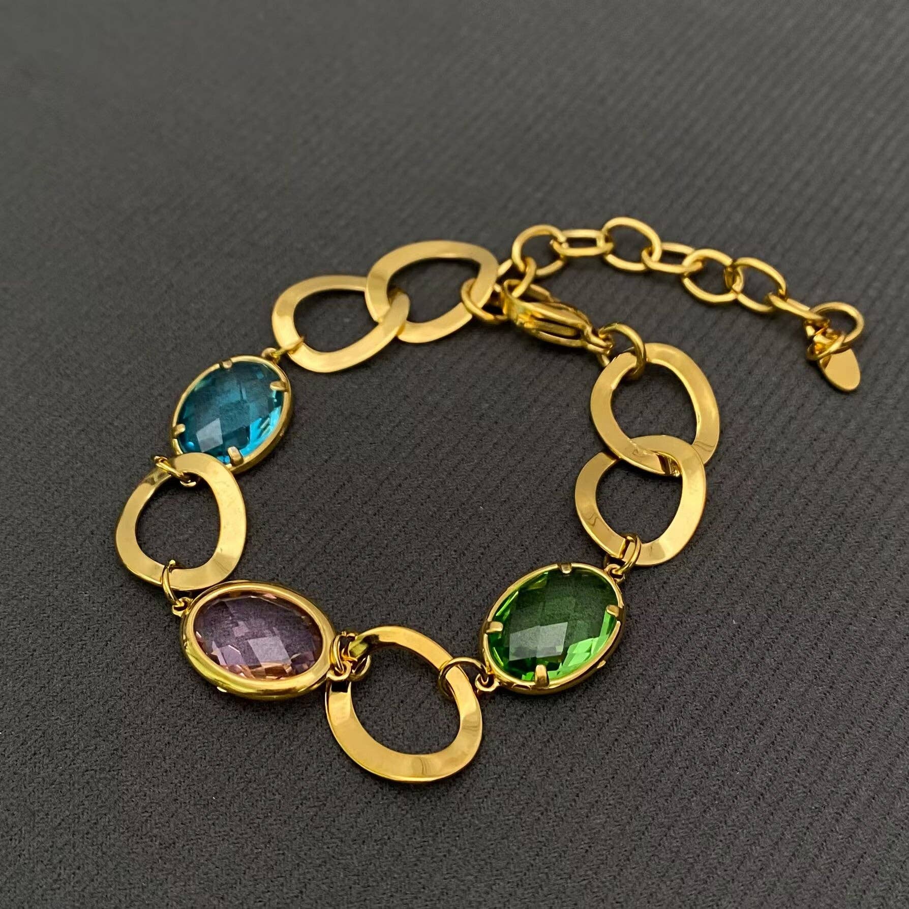 3 Color Oval Crystal 18K Golden SS Ring Linked Bracelet