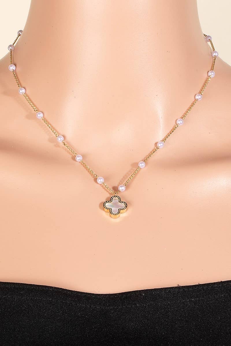 Gold Dipped Pearl Station Beaded Clover Pendant Necklace