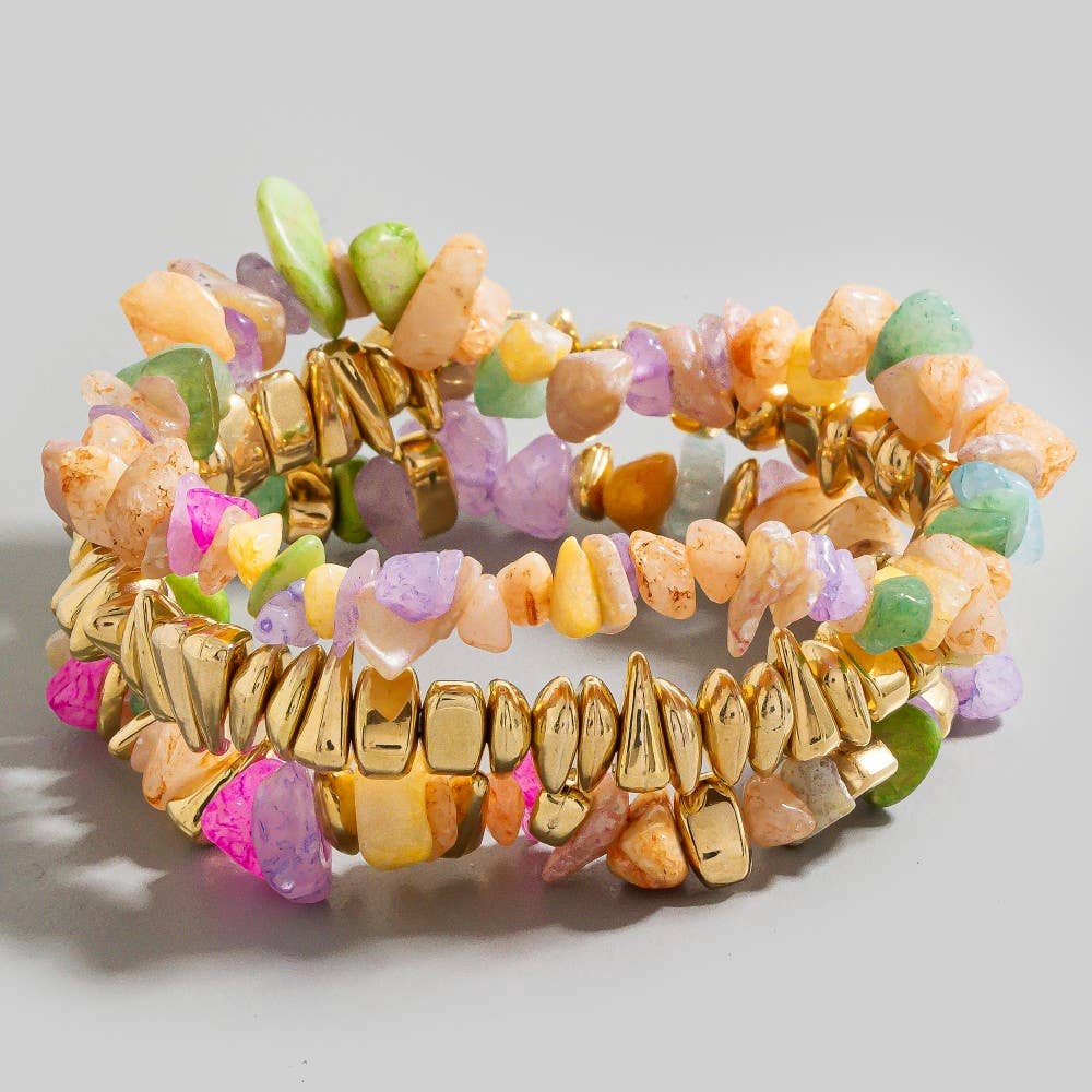 Resin Chip Stone And Metallic Beaded Bracelet 3 Set