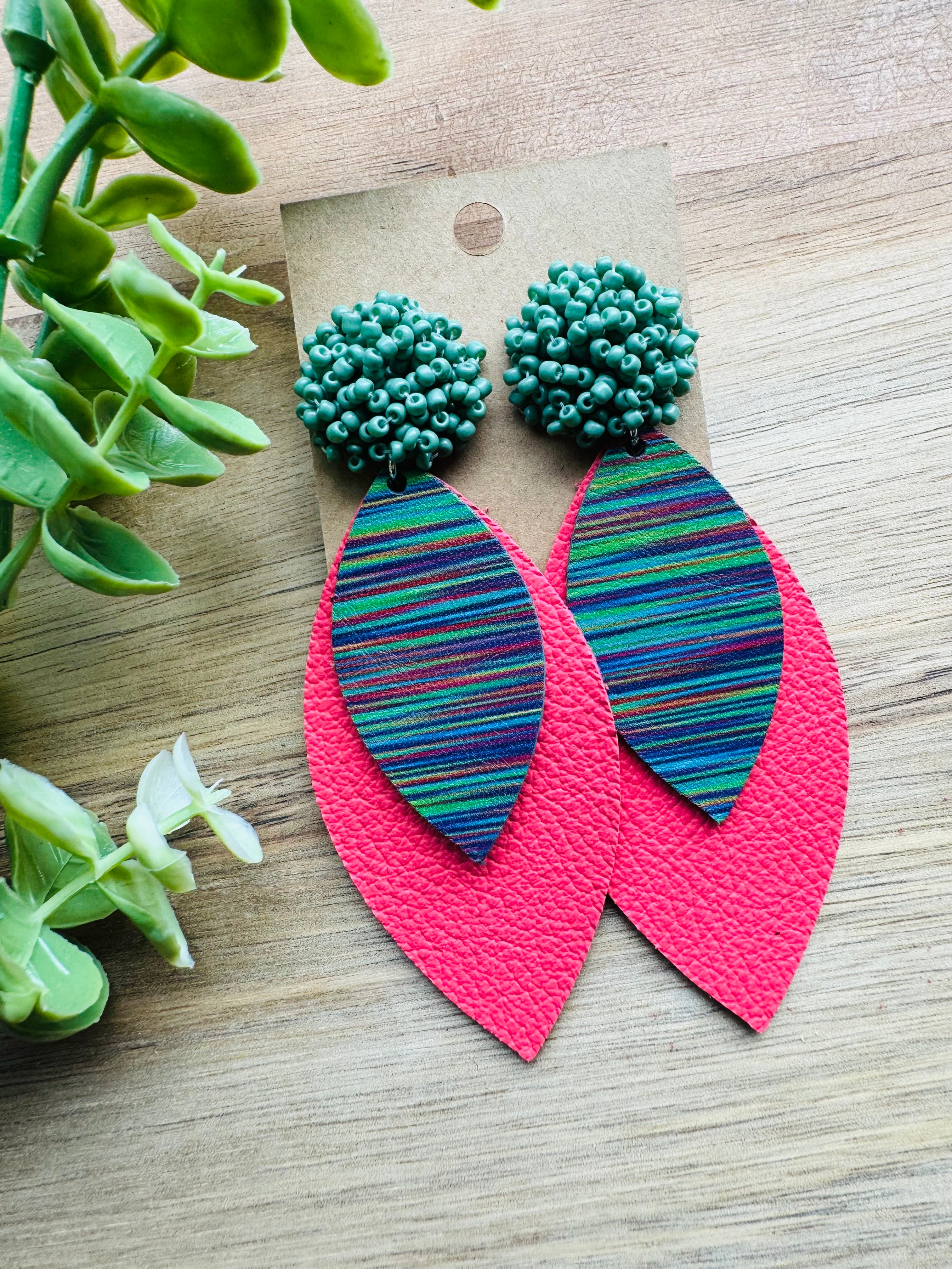 MULTIPLE COLORS: Beaded Post Leather Earrings